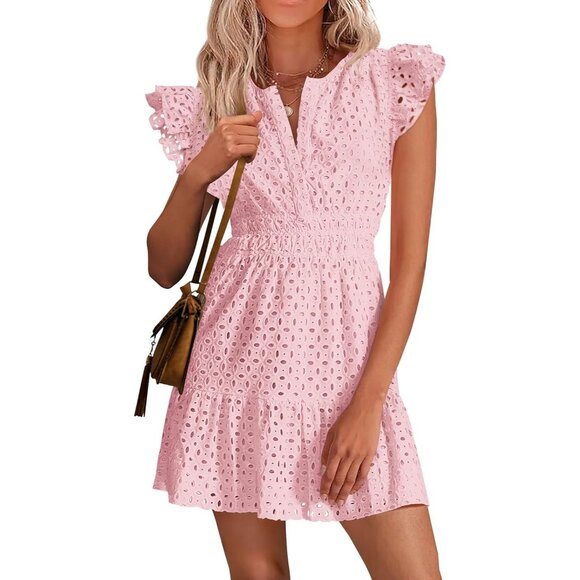 Women's Pink V Neck Eyelet Cap Sleeve Summer Beach Vacation Sundresseses - Picture 1 of 8